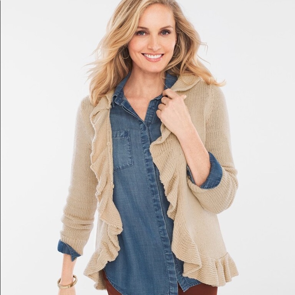 Chico’s Ruffle Balboa Beige Cardigan sz1